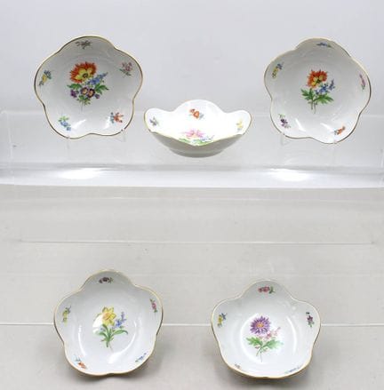 5x Konfektschalen, Meissen, Schwertermarke, Dekor 