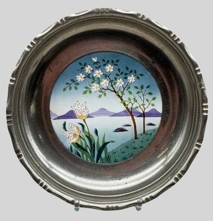 Bol avec fond peint, bord en galette nickelé, H : 