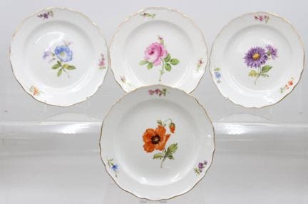 4x Meissen-Teller, Schwertermarke, Blumenmalerei, 