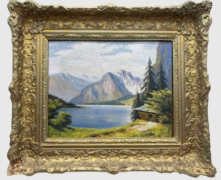 Okrusch "Bergsee" Öl/Pappe, Goldrahmen, Ecke mit A