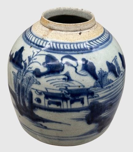 Recipiente antiguo para jengibre con pintura azul,