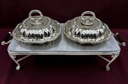 Bandeja térmica antigua plateada con dos cuencos a