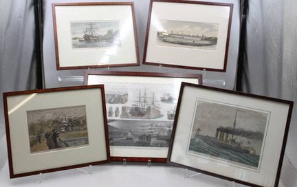5x div. Stiche, maritime Motive, je gerahmt/Glas, 