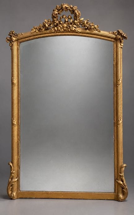 Miroir biseauté rectangulaire en bois et stuc doré