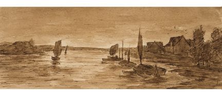 Sconosciuto (XIX), Lago con barche da pesca, 1820 