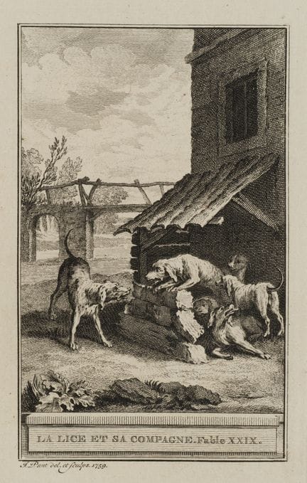 J. PUNT (1711-1779), Perros delante de un cobertiz