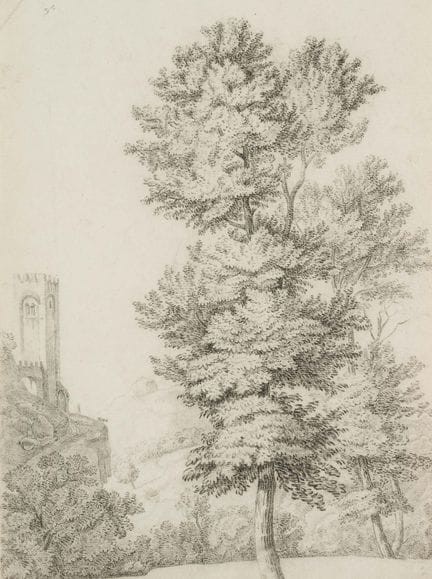 C. GRAIMBERG (*1774), Paesaggio con un mastio, 180