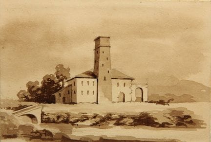 Anonimo (XIX secolo), Paesaggio con un edificio in
