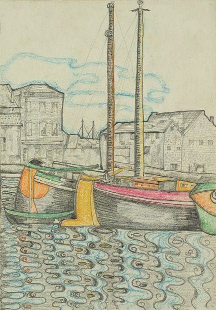 M. GEWIN (1900-1976), Porto con barche e onde, Mat