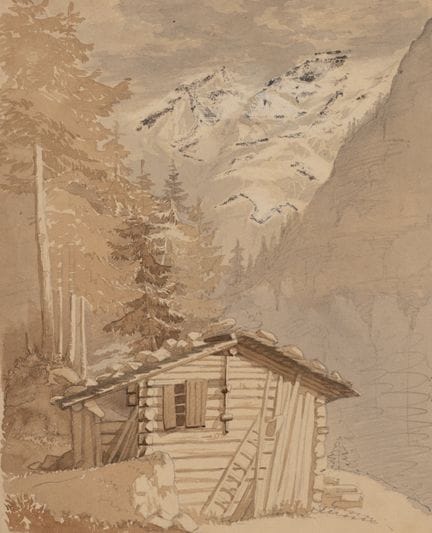 Anonimo (XIX secolo), Paesaggio montano con una ca