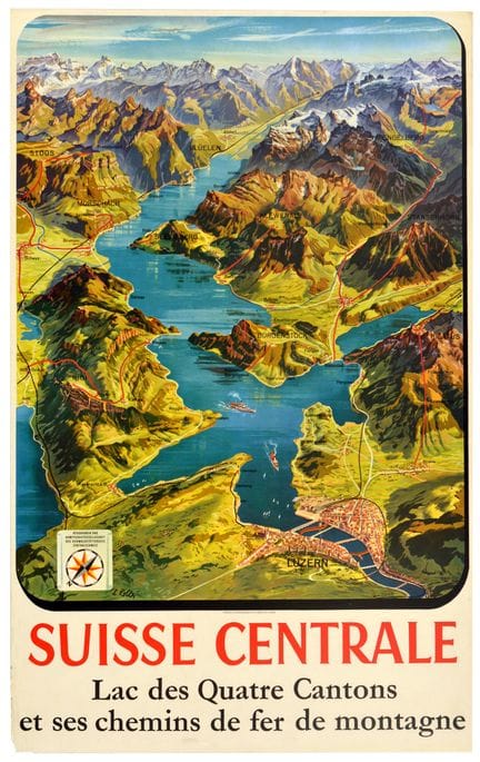Affiche ancienne originale sur la Suisse centrale 