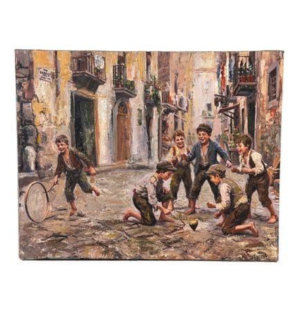 匿名
20世纪意大利画派丙烯画布作品，描绘那不勒斯街头男孩。尺寸：50 × 40 厘米。作者不详。作
