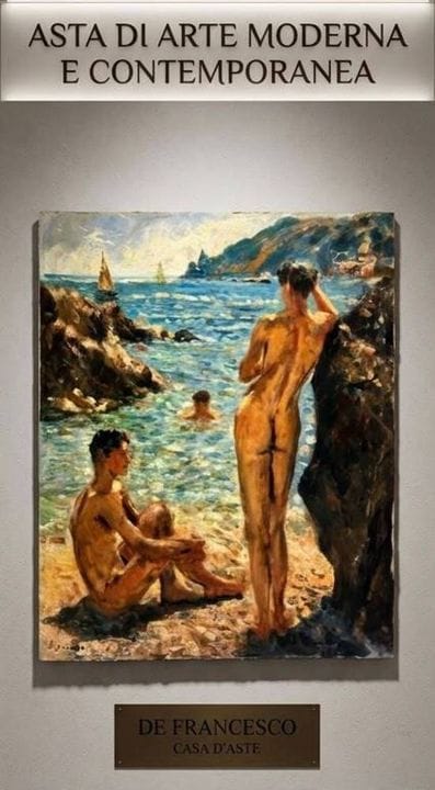 D. 索里亚诺
**木板油画，20世纪作品，意大利画派，描绘《海滨人物》。尺寸：50 x 40 厘米