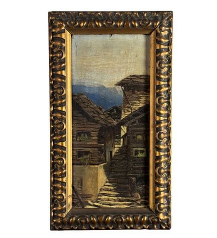 匿名
板上油画，20 世纪，意大利画派，描绘了一幅有房屋和小楼梯的风景画。包括画框在内的尺寸：22 