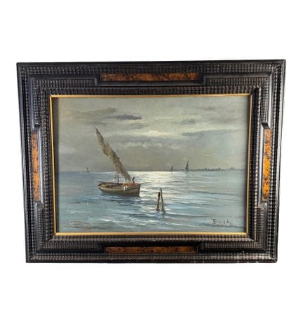 署名不详
木板油画，20世纪作品，意大利画派，描绘海景。含画框尺寸：93x74 厘米。内框尺寸：70