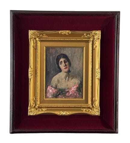 匿名
画板油画，20 世纪，意大利画派，描绘一位女性的肖像。带画框尺寸：50x55 厘米。画板尺寸（