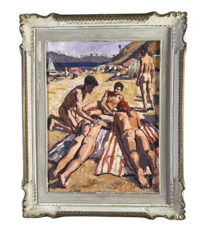 匿名
布面丙烯画，20世纪，意大利画派，描绘沐浴者。含画框尺寸：42 × 52 厘米。画框内尺寸：3
