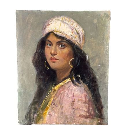 匿名
画板油画，20 世纪，意大利画派，描绘一位头戴头饰的女性肖像。尺寸：40 x 50 厘米。艺术