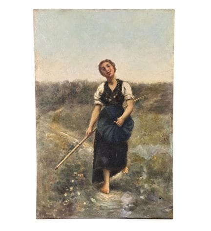 匿名
板上油画，19/20 世纪意大利画派，描绘*牧羊女*。尺寸：23×35 厘米。匿名艺术家。归功