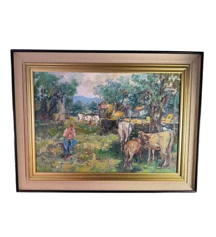 尼古拉-坎扎内拉
画板油画，20 世纪，意大利画派，描绘了一幅有农民和牲畜的乡村风景画。包括画框在内