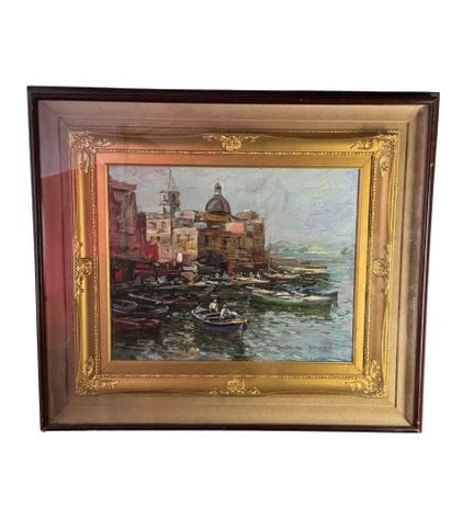 尼古拉-坎扎内拉
布面油画，20 世纪意大利画派，描绘了一个有船只和渔民的港口场景。包括画框在内的尺