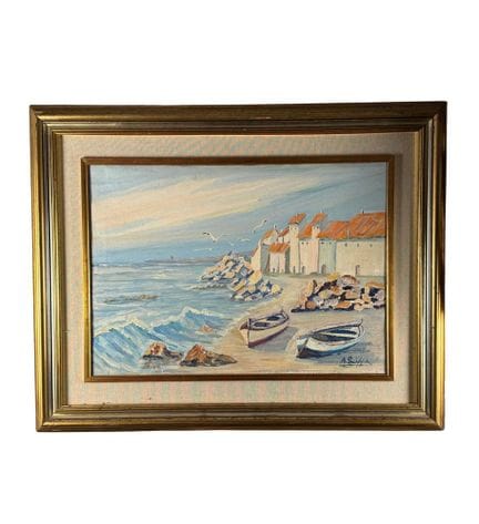 A.Siffa 帆布油画，20 世纪意大利画派，描绘有船的海景。包括画框在内的尺寸：78x98 厘米