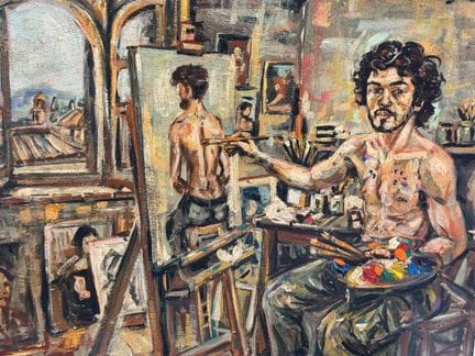 未知签名
**木板油画，20世纪作品，意大利画派，描绘了画家工作室。尺寸：45 x 35 厘米。右上