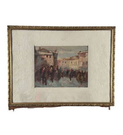 署名不详
木板油画，20世纪作品，意大利画派，描绘了一条有人物的街道。含画框尺寸：49x37 厘米。