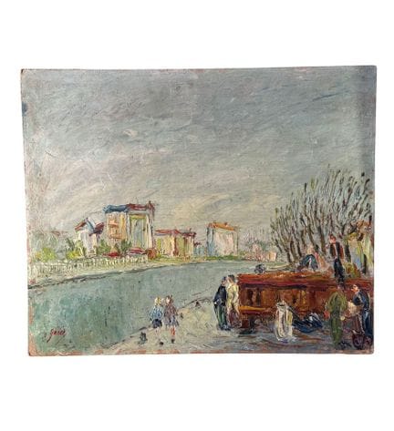 签名不明
画板油画，20 世纪，意大利画派，描绘有河流和人物的风景。尺寸：46x38 厘米。左下方有