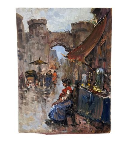 匿名
画板油画，20 世纪意大利画派，描绘那不勒斯街道上的人物。尺寸：30x40 厘米。艺术家姓名不