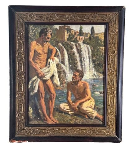 匿名
木板油画，20世纪作品，意大利画派，描绘了蒂沃利瀑布旁的两个人物。含画框尺寸：56x67 厘米