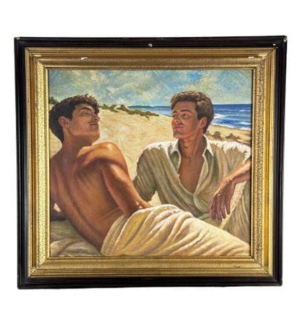 匿名
木板油画，20世纪作品，意大利画派，描绘了海边的三个人物。含画框尺寸：62 x 58 厘米。画