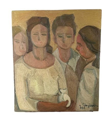 乔尔吉安东尼奥·朱利奥
单幅油画，木板油画，20世纪作品，意大利画派，一侧描绘四个人物，另一侧描绘静