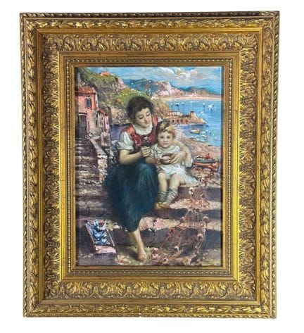 匿名
画板油画，20 世纪意大利画派，描绘了一幅母性场景和海岸景观。包括画框在内的尺寸：51x61 