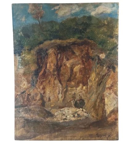 雷纳托-帕萨罗
画板油画，20 世纪意大利画派，描绘有两个人物的风景。尺寸：55×42 厘米。右下方