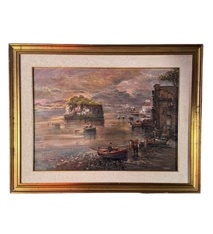 签名不明
布面油画，20 世纪时期，意大利画派，描绘了有船只和渔民的伊斯基亚岛景色。包括画框在内的尺