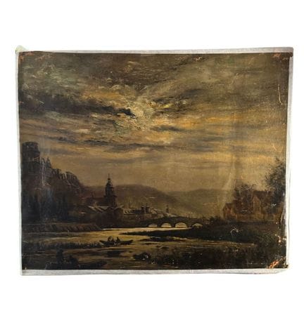 匿名
画布油画，画布衬于硬纸板上，19世纪作品，欧洲画派，描绘了一幅有河流和桥梁的风景画。尺寸：69