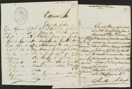 1877年。  
 手稿。  
 （奴隶制）。  
 两份奴隶买卖文件。  
 两张纸张，正面均为手