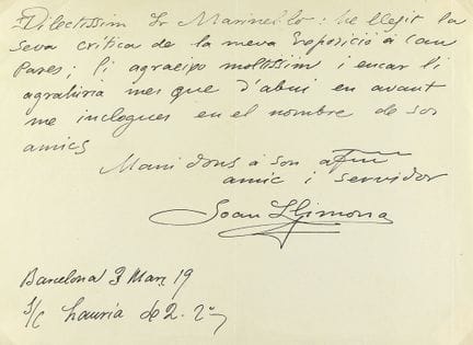 1919年。  
 手稿。  
 乔安·利莫纳。  
 致马里内洛的信。  
 一张横向书写的四行纸