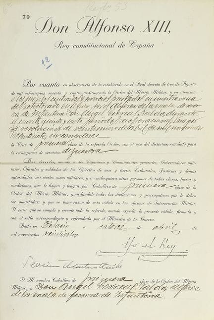 1928年。  
 手稿。  
 载有阿方索十三世盖章签名的文件。  
 一份手写与印刷结合的双页文