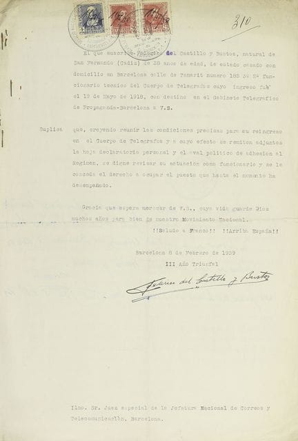 1939年。  
 手稿。  
 内战结束后一名公务员申请复职的打字文件及手写文件。  
 若干与费