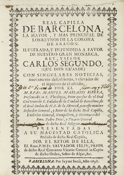 1698.  
 BOOK.  
 (CATALONIA).  
 RIBERA, MANUEL M