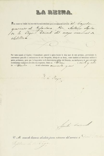 1856年。  
 传单。  
 （皇家签名）。  
 国家炮兵部队一名少尉的任职许可。  
 一份