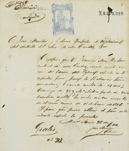 1865-1884。  
 手稿。  
 （奴隶制）。  
 三份关于古巴奴隶转移的文件。  
 这