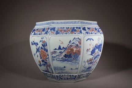 Jardinière octogonale bleue, blanche et rouge cuiv