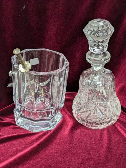Crystal ice bucket with ice tongs (worn). 15 to 20