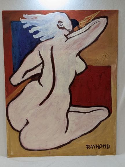 RAYMOND, „Nackte Frau mit Lanze“. Acryl auf Karton