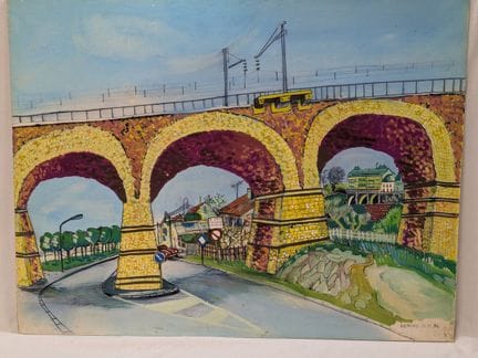 RAYMOND, "Il ponte di Pecq". Acrilico su cartoncin