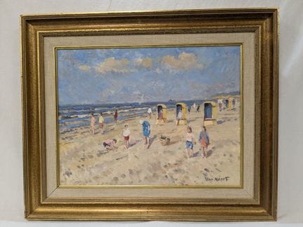 VAN NOORT. "Spiaggia animata". Olio su tavola, dim