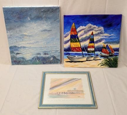Set di 3 vedute marine: tre oli su tela, di cui un